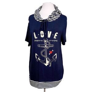 Purple Snow Nautical Love Heart Striped Pullover Hoodie Anchor Navy Stretch 1X